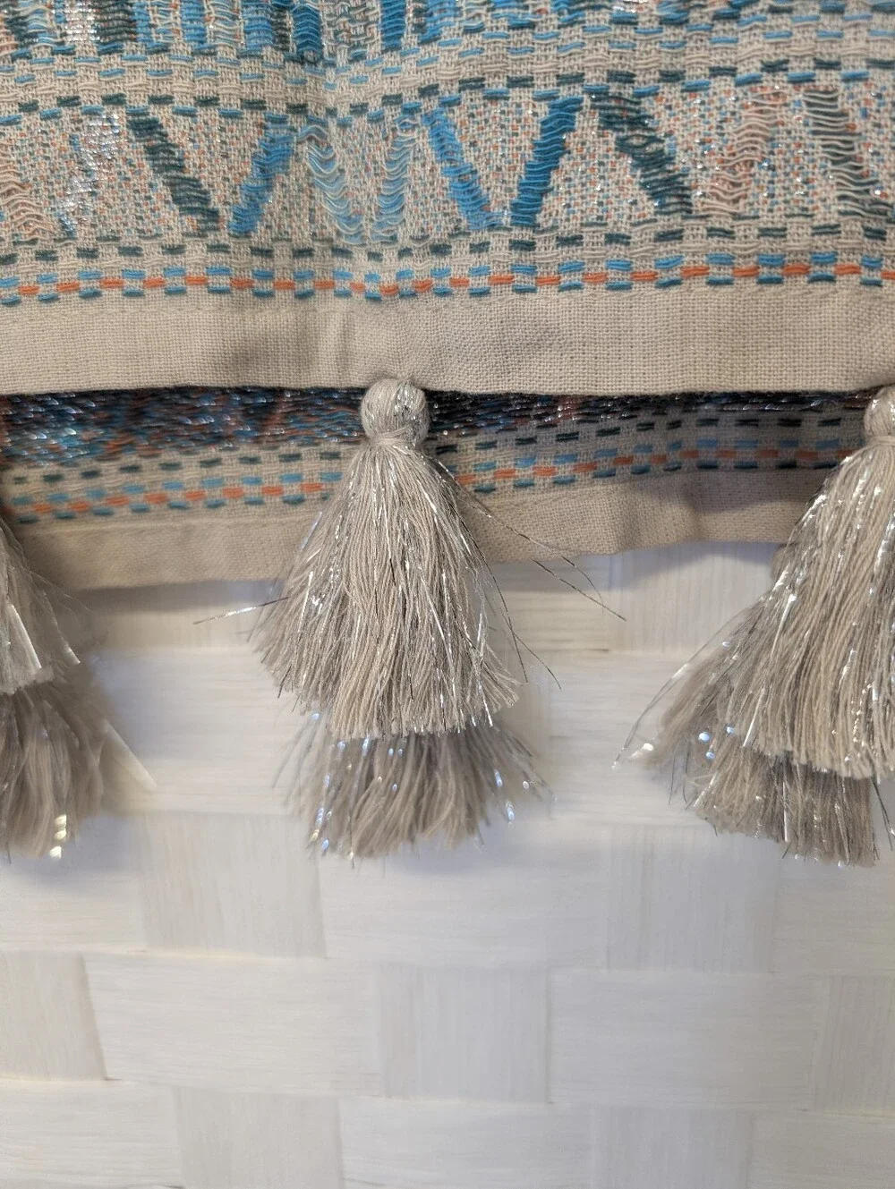 J. Crew Wrap Scarf Bohemian Style  Beige Turquoise Orange Silver Tassel NWT